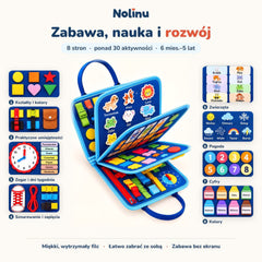 Książeczka sensoryczna Montessori Nolinu: 8 stron i ponad 30 aktywności, kształty, kolory, zegar, zwierzęta, pogoda, cyfry i sznurowanie. Dla dzieci od 6 miesięcy do 5 lat