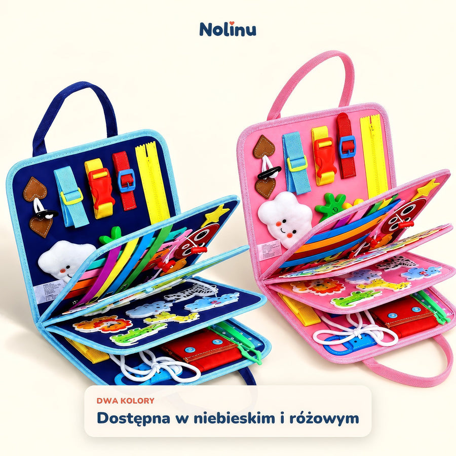Książeczka sensoryczna Nolinu dostępna w kolorze niebieskim i różowym