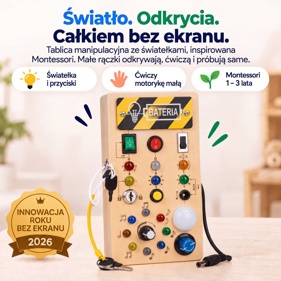 Tablica manipulacyjna Nolinu ze światełkami, przyciskami i przełącznikami, inspirowana Montessori, całkiem bez ekranu